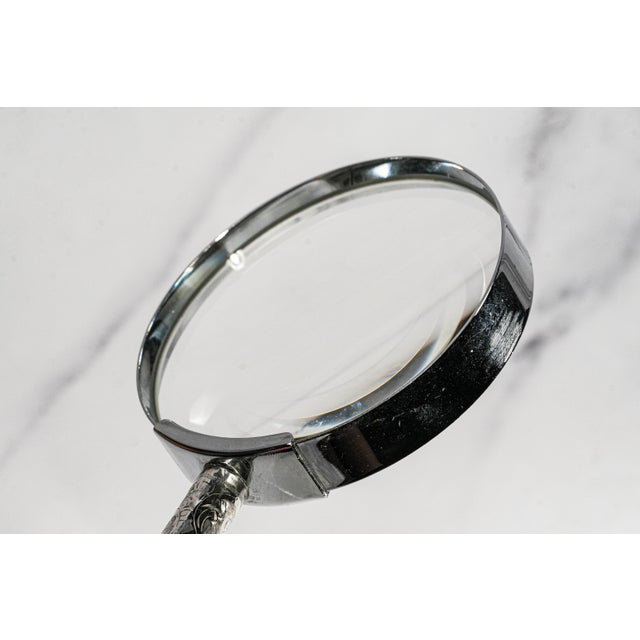 English Luxury Antique Sterling Silver & Ebonized Wood Magnifying Glass Hand Engraved Library Desk Accessory For Sale - Image 3 of 13