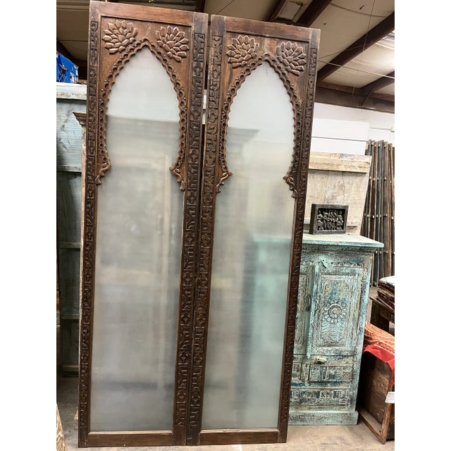 Brown Vintage Arched Carved Wood Doors With Smoked Glass - A Pair, 96x48 For Sale - Image 8 of 10