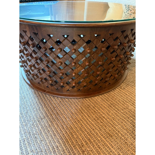 Like new Ballard Designs wooden coffee table with glass top.(Like New--Only Used for Staging)