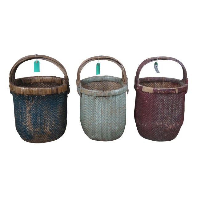 3 Antique Chinese Bentwood Woven Willow Rice Harvest Gathering Basket 26" For Sale