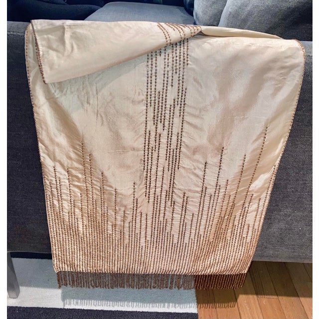 Sethi & Sethi Modern Glam Beaded Fringe Silk Throw/ Table Runner For Sale - Image 4 of 7