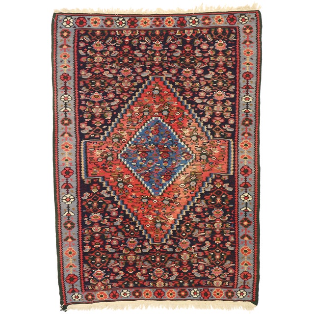 Navy Blue Vintage Persian Bijar Kilim Rug, 03'09 X 04'03 For Sale - Image 8 of 8