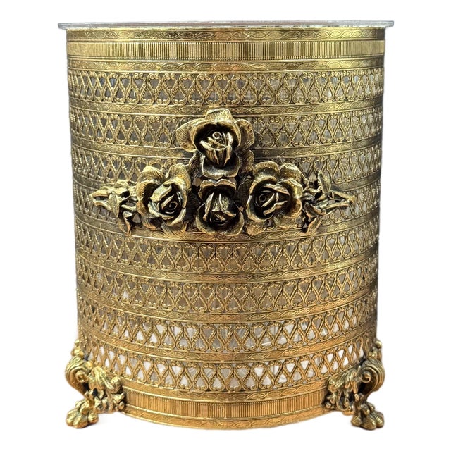 Vintage Hollywood Regency Gold Metal Filigree Ormolu Wastebasket With Claw Feet For Sale