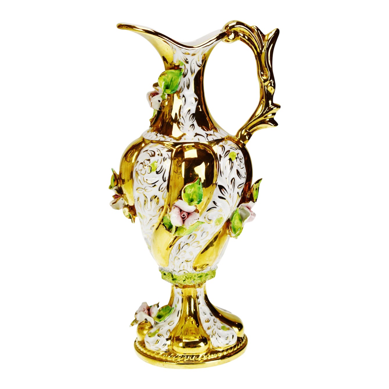 Vintage Ceramic Capodimonte Style Gold Gilt Pitcher Vase Made in Italy