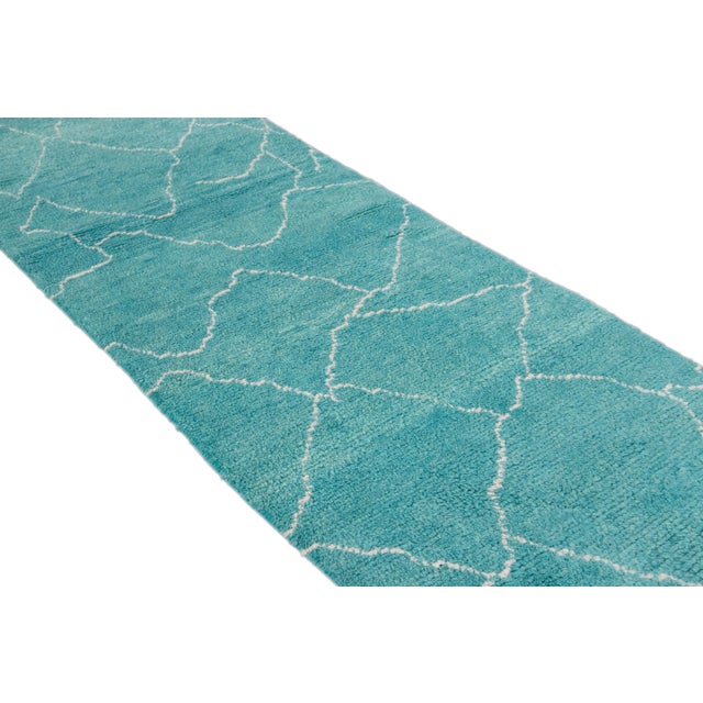Modern Turquoise Moroccan Style Handmade Wool Runner For Sale - Image 9 of 11