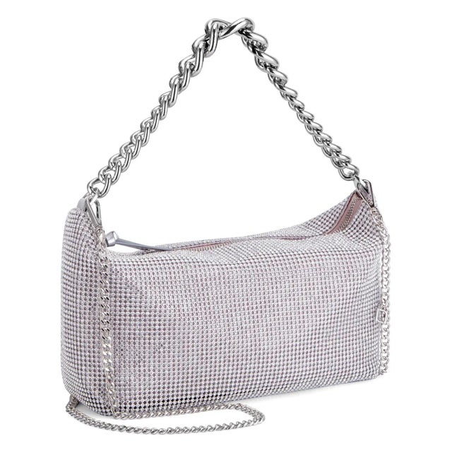 Shoulder bag in silver diamante' mesh with zip top closure and chunky chain link strap. Fully lined with detachable...