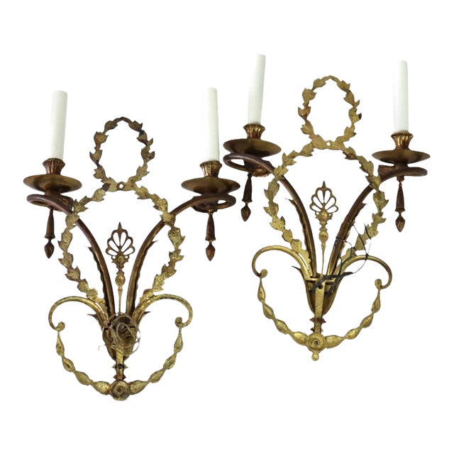 Pair of French Louis XV Laurel Wreath Bronze Double Candle Electric Wall Sconces C1900 For Sale