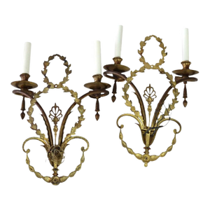Pair of French Louis XV Laurel Wreath Bronze Double Candle Electric Wall Sconces C1900