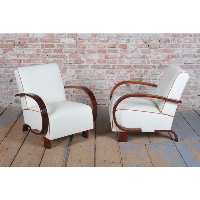 Wood Art Deco Armchairs in Walnut and Leather, Czech, 1930s, Set of 2 For Sale - Image 7 of 12