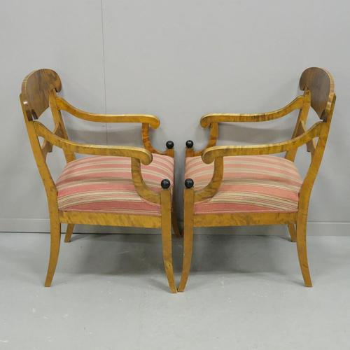 Swedish Biedermeier Empire pair of antique carver chairs in highest grade quilted golden birch veneers finished in the...