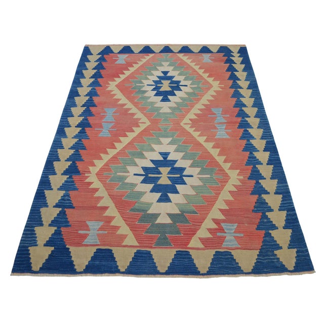 Textile Vintage Turkish Handwoven Kilim Rug – Flat Weave Boho Farmhouse Decor – Standard 3′9″ X 5′7″ For Sale - Image 7 of 9