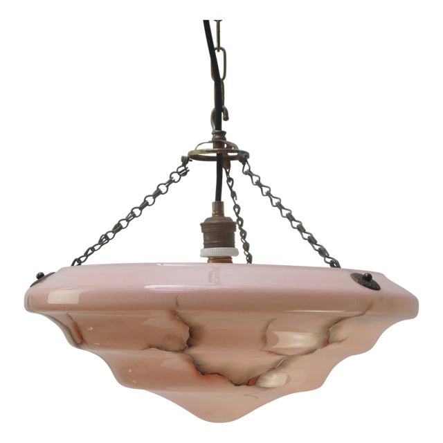 Art Deco Pendant Lamp in Brass and Pink Glass, France, 1920s For Sale