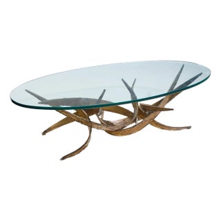 Silas Seandel Brutalist Mid Century Glass and Gilt Bronze Coffee Table For Sale