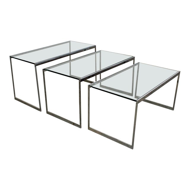 Set of 3 MidCentury Modern Chrome & Glass Top Nesting End Tables