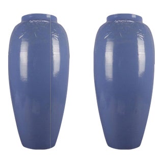 Early 20th Century 2 Arts & Crafts McCoy School Pottery Periwinkle Swags & Bows Floor Vases For Sale