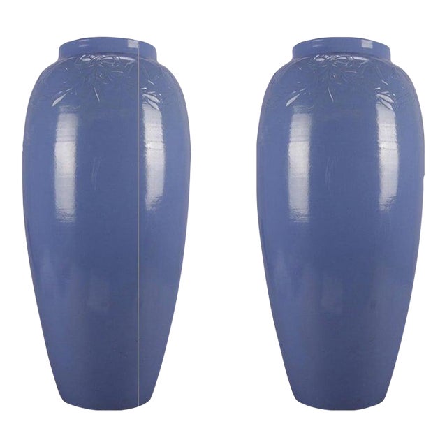 Early 20th Century 2 Arts & Crafts McCoy School Pottery Periwinkle Swags & Bows Floor Vases For Sale