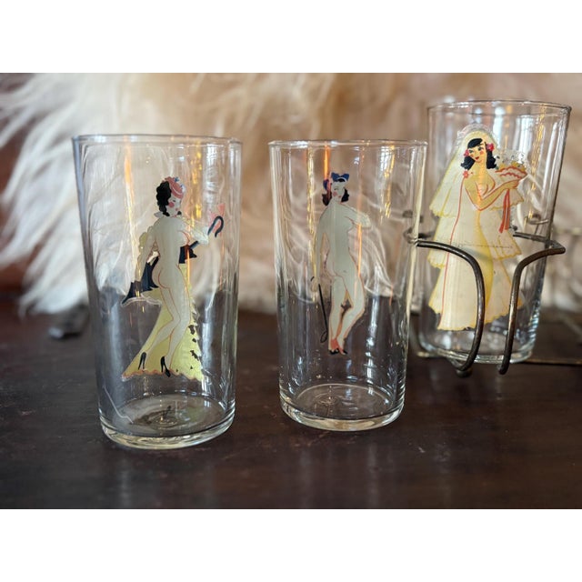 1940s Peek-a-Boo Pinup Tumblers With Brass Caddy, Set of 8 by Federal Glass For Sale In Baltimore - Image 6 of 6