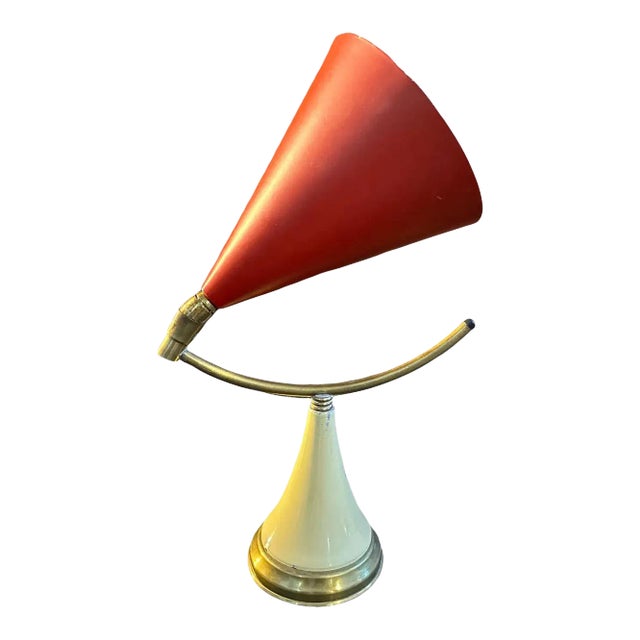 1950s Stilnovo Style Mid-Century Modern Brass and Metal Cone Table Lamp For Sale