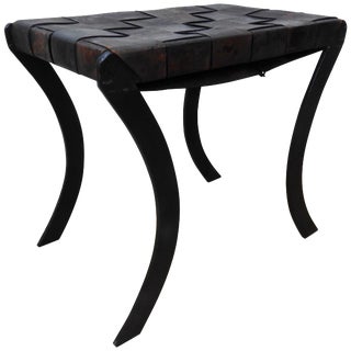 Woven Leather Strap Stool With Saber Legs For Sale