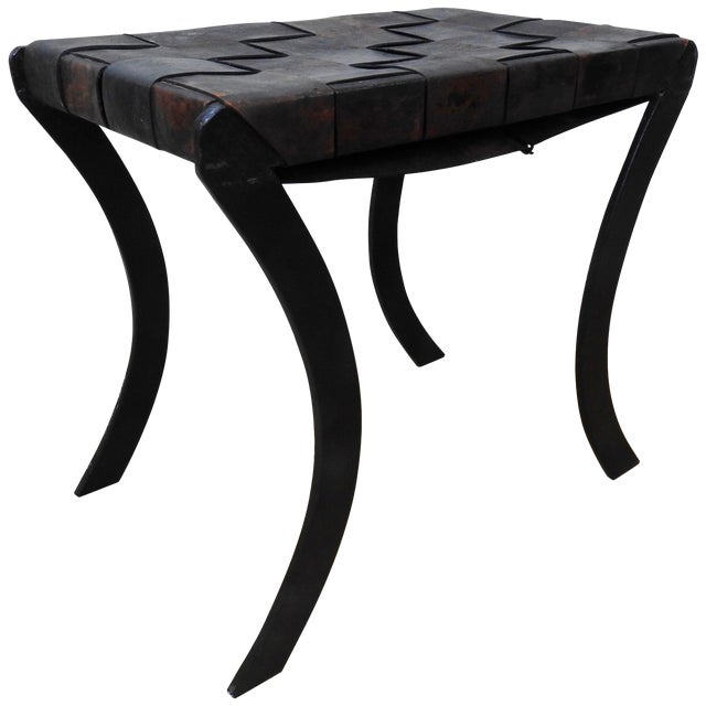 Woven Leather Strap Stool With Saber Legs For Sale