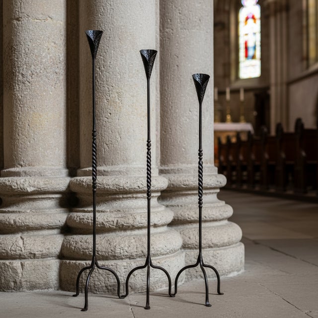 Hand Forged Iron Candelabra Set of 3 (100-120cm) Antique Copper Finish Barley Twist Stem with Calla Lily Cups For Sale - Image 4 of 8