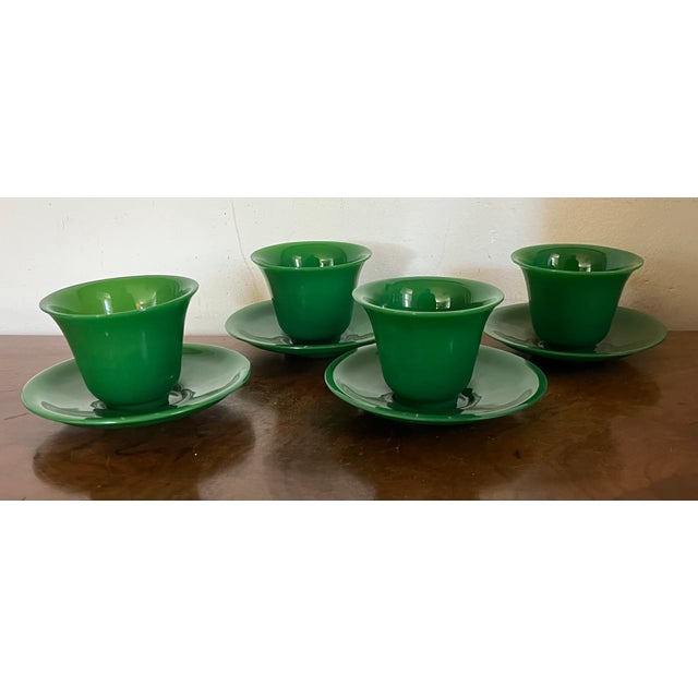 Antique 19th Century Chinese Bright Green Peking Glass Tea Cups & Saucers - Set of 4 For Sale - Image 12 of 18