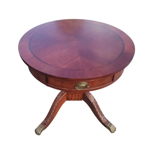 Late 20th Century Georgian Banded Inlaid Cherry Drum Side Tables, a Pair For Sale In Washington DC - Image 6 of 10