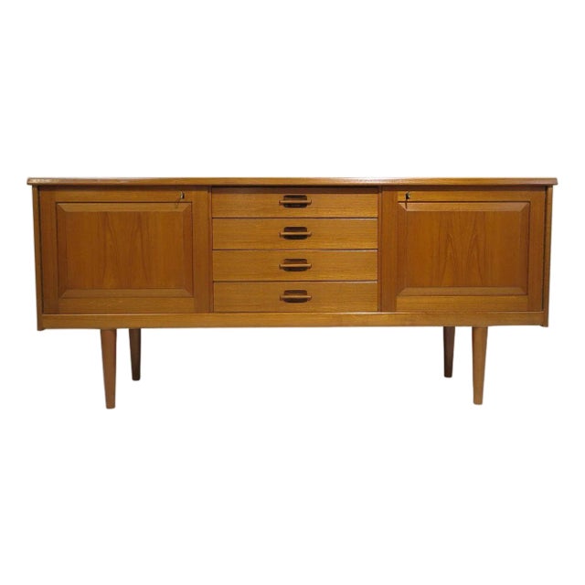 Late 20th Century Danish Teak Credenza With Drawers and Locking Doors, 69" For Sale