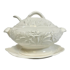 Mid-Century Hollywood Regency Coastal Cream Ware Iris Motif Ironstone Soup Tureen - 3 Piece Set