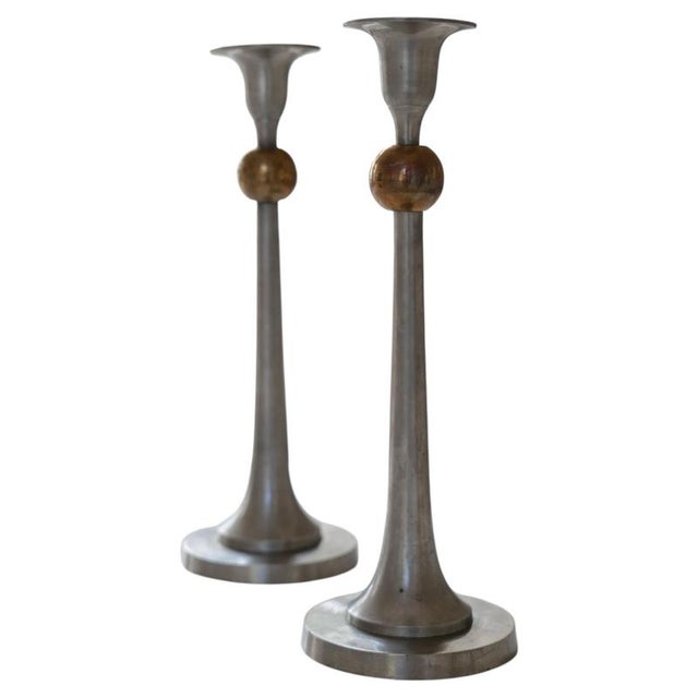 Art Deco Candleholders in Pewter and Brass, Sweden, 1930s, Set of 2 For Sale - Image 9 of 9