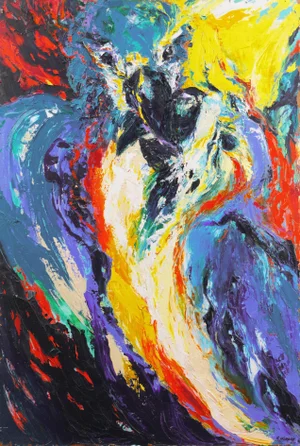 'Perroquets' by Rosemary Hornak, 1992 Expressionist Oil, Parrots, Detroit Woman Artist