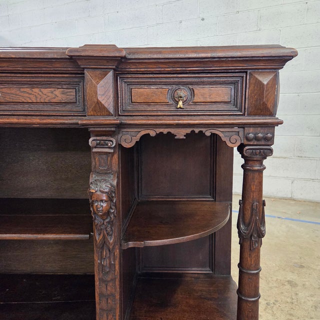 Oak Antique Jacobean Style Walnut Buffet With Ornate Carved Legs, Drawers, & Open Shelving For Sale In Atlanta - Image 6 of 18