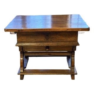 Antique 19th Century European Oak Box Table With Trestle Base and Sliding Storage Compartment For Sale