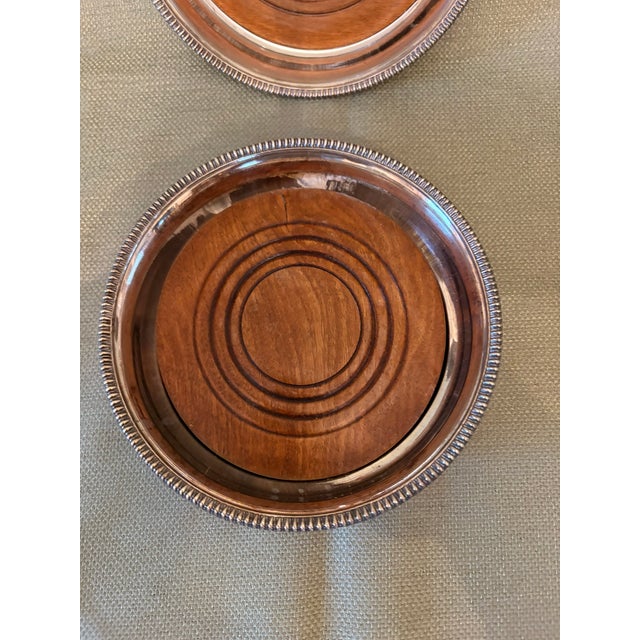 Vintage English Silver Plate & Mahogany Wine Bottle Coasters, Mid-20th Century