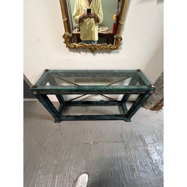 Vintage Neoclassical Verdigris Wood, Brass and Glass Tiered Console Table For Sale - Image 10 of 11