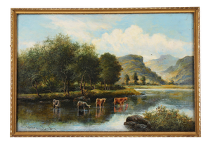William Langley, Rural Landscape with Cows, 19th Century, Canvas