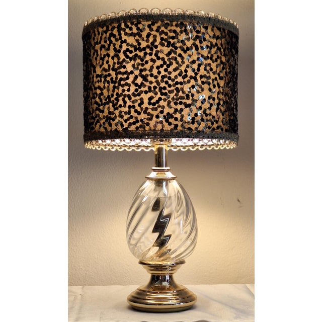 Vintage Table Lamp with Twisted Crystal Glass Base in Brass Mounting and Sequined Shade from Lamplove, 1980s For Sale - Image 3 of 10
