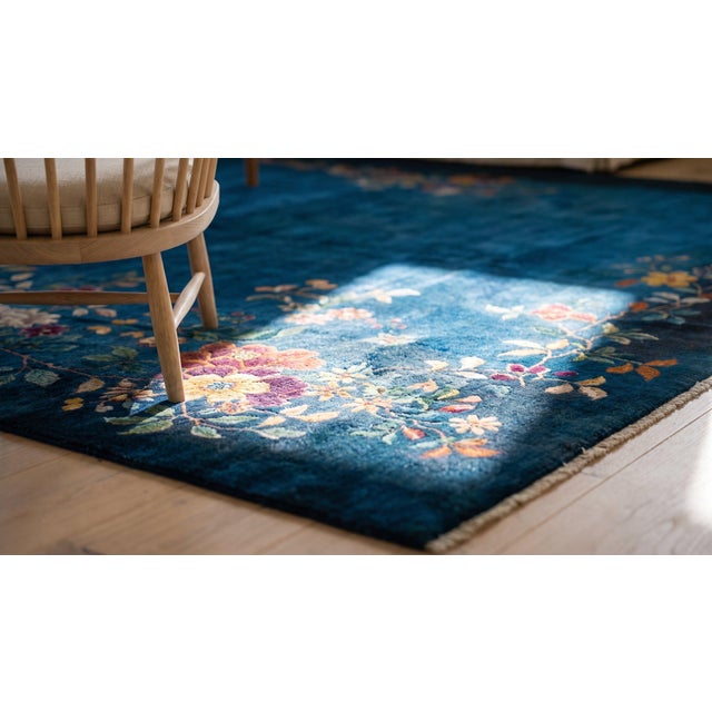1930s Royal Blue Floral Modern Antique Chinese Art Deco Rug 13'8" X 24' Handknotted Wool Carpet For Sale - Image 9 of 11