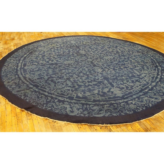 1900s Dark Blue Field Traditional Dragon Floral Antique Chinese Peking Round Rug For Sale - Image 4 of 9
