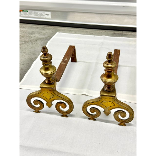 American Antique 17th Century Brass Fireplace Andirons - Pair For Sale - Image 3 of 6
