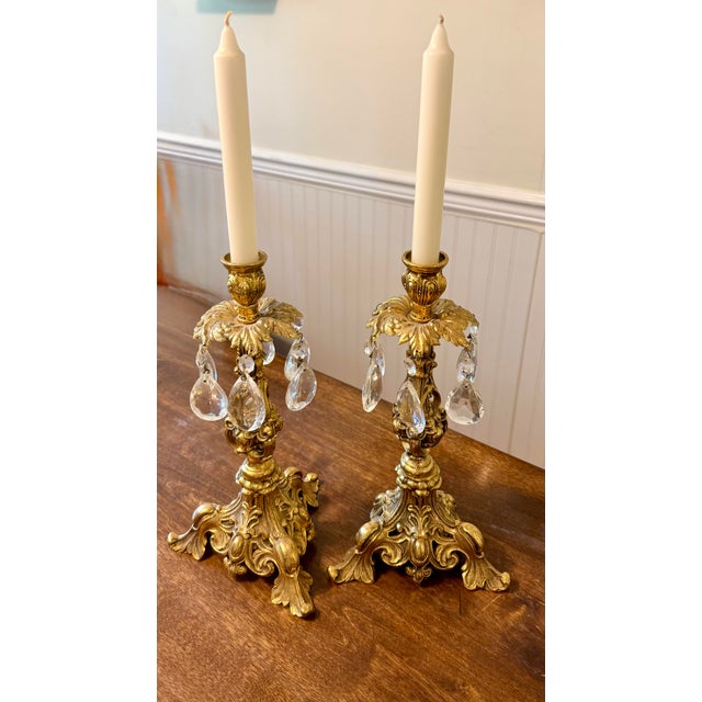 Ornate Gold Candle Holders With Crystal Prisms For Sale - Image 9 of 12