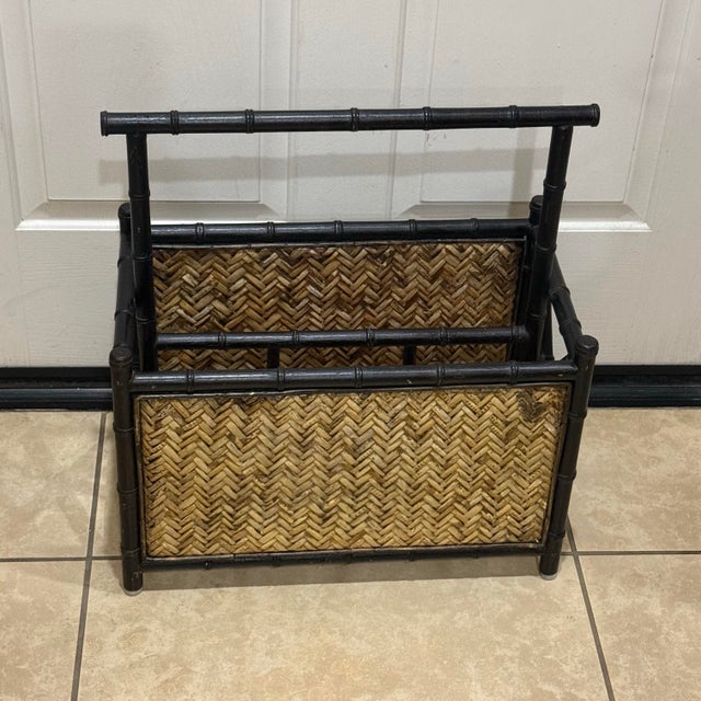 Wood 1970 Palecek Bamboo Rattan 2 Compartment Magazine Rack With Handle For Sale - Image 7 of 8