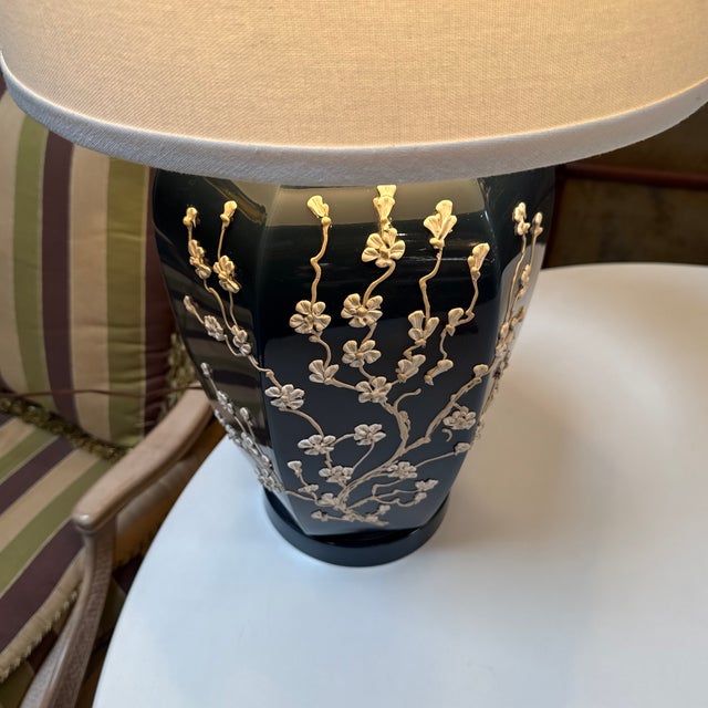 Navy Impasto Table Lamp With Hand Sculpted Floral Relief, Vintage For Sale - Image 9 of 12