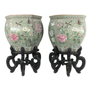 Large Famille Vert Jade Green Chinese Porcelain Planters With Butterflies, Gold Fish & Birds - a Pair, on Rosewood Stands For Sale