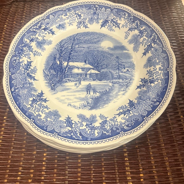 Spode Winters Eve Blue 10 1/2” Dinner Plates-set of 6. The pattern features a center winter pastoral scene of a snow...