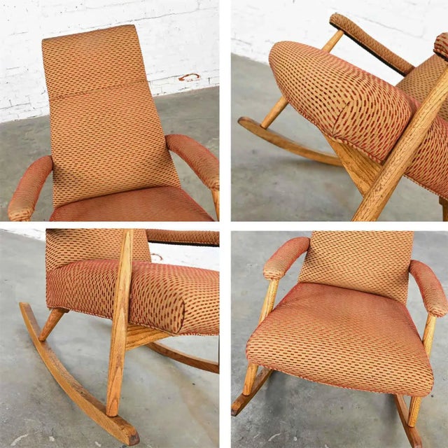 Vintage Mid-Century Modern Rocker Rocking Chair Oak With High Back Original Upholstery For Sale - Image 12 of 13