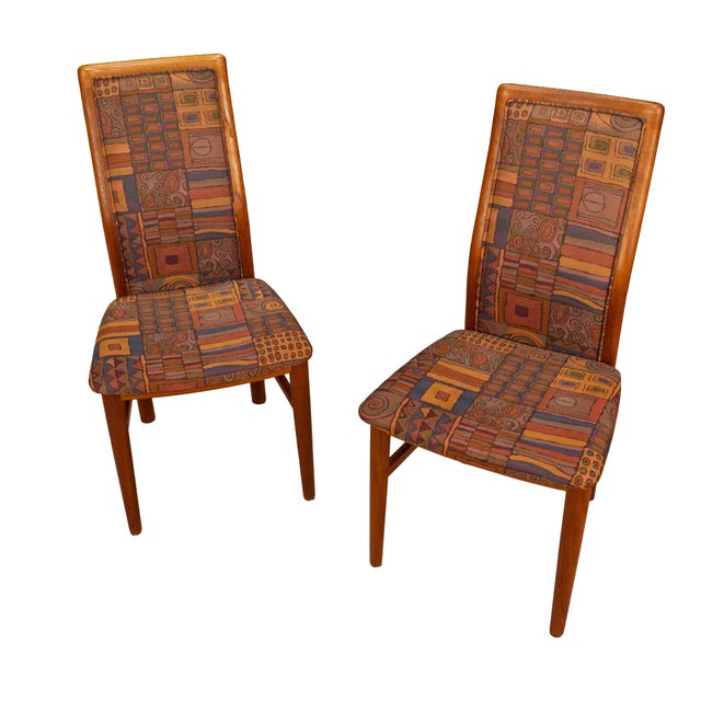 Wood Pair Vintage Danish Teak Side Accent Chairs – Schou Andersen Denmark – Funky 80s Upholstery For Sale - Image 7 of 12