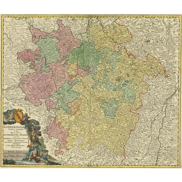 Antique map of Lorraine in north-east France by J. B. Homann. Covering the area around Metz, Nancy and Sarrebruck with...