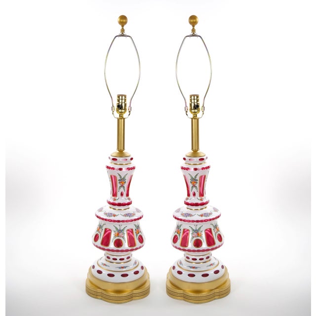 Antique Bohemian Cranberry Crystal, Painted and Gilt Gold Decorated Table Lamp For Sale - Image 11 of 12