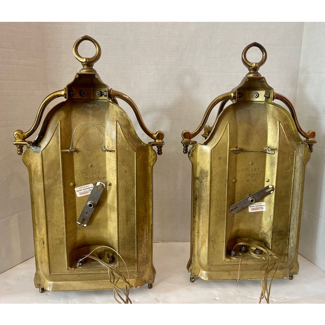 Pair of Heavy Pagoda, Bronze & Beveled Glass Three Lights Wall Lanterns For Sale - Image 10 of 12